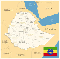 Ethiopia - detailed map with administrative divisions and country flag.