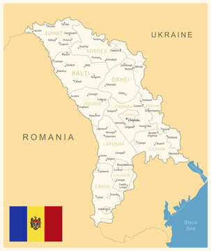 Moldova - detailed map with administrative divisions and country flag.