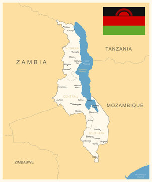 Malawi - detailed map with administrative divisions and country flag.