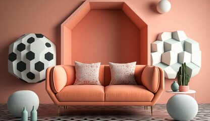 living room with a blank pastel peach pink wall deco Generative Ai