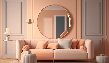 living room with a blank pastel peach wall decorated Generative Ai