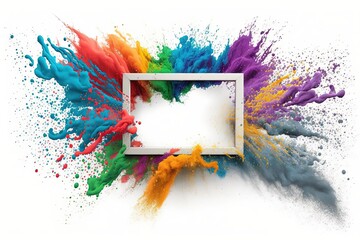 A white frame with colorful paint splattered around it
