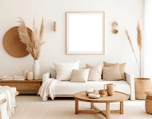 Frames mockup, beige couch and frames mockup, living room photo mockup, picture frame template AI Generated