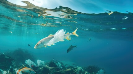 Fish and plastic pollution. Envrionmental problem - plastics contaminate seafood