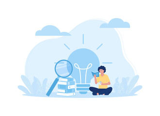 A woman reads books to find innovations and ideas concept flat illustration