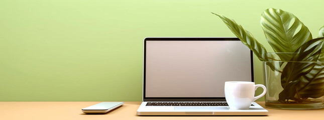 Fototapeta premium Feminine workspace with laptop, flowers and office supply in front of light background. Banner, AI Generated