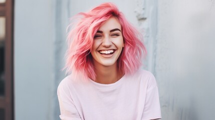 young laughing woman with pastel pink hair, tongue sticking out, blue eyes, peace gestures funny facial expressions