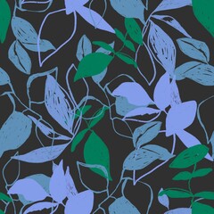 hand drawn seamless repeating floral pattern. sketchy blue and green leaves and twigs on a black background