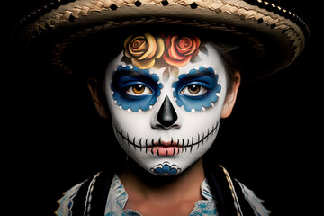 Generative AI illustration of kid with hat in skeleton Halloween makeup looking at camera while on black background