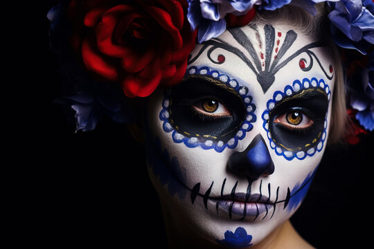 Generative AI illustration of young sensual female with a flower crown in skeleton Halloween makeup looking at camera while on black background