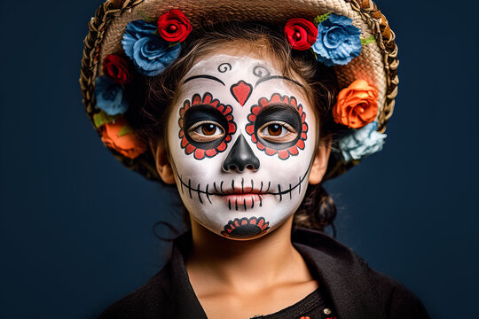 Generative AI illustration of girl with flower hat in skeleton Halloween makeup looking at camera while on black background