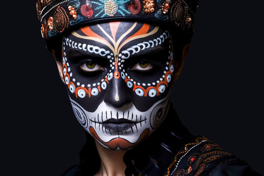 Generative AI illustration of young man with hat in skeleton Halloween makeup looking at camera while on black background