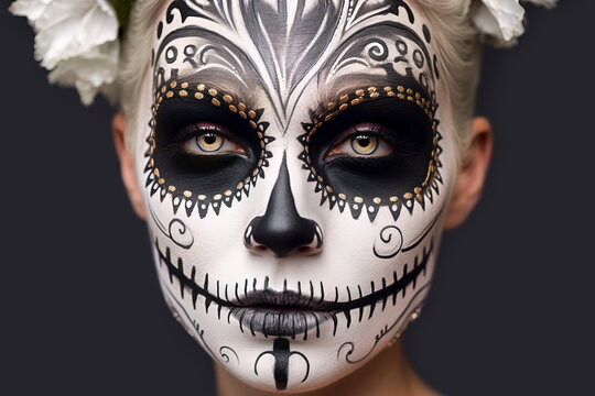 Generative AI illustration of young sensual female with a flower crown in skeleton Halloween makeup looking at camera while on dark background