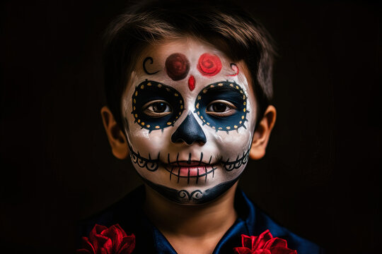 Generative AI illustration of child in skeleton Halloween makeup looking at camera while on black background