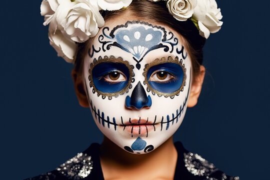Generative AI illustration of pretty girl in skeleton Halloween makeup looking at camera while on black background