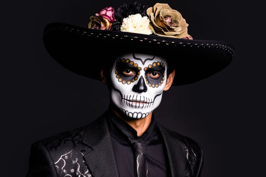 Generative AI illustration of young man with hat in skeleton Halloween makeup looking at camera while on black background