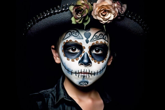Generative AI illustration of kid with hat in skeleton Halloween makeup looking at camera while on black background