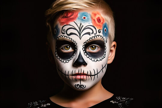 Generative AI illustration of pretty boy blond in skeleton Halloween makeup looking at camera while on black background