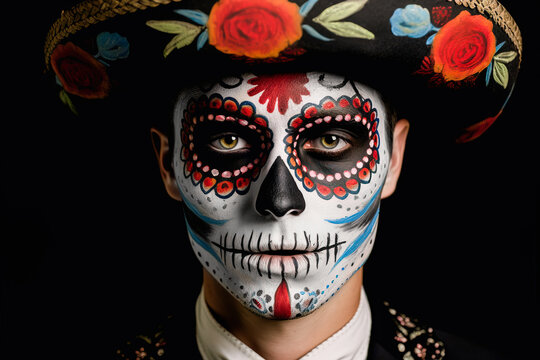 Generative AI illustration of young man with hat in skeleton Halloween makeup looking at camera while on black background