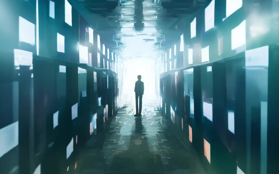 A person walking through a dark hallway filled with mirrors representing the distorted view of reality caused Psychology art concept. AI generation.