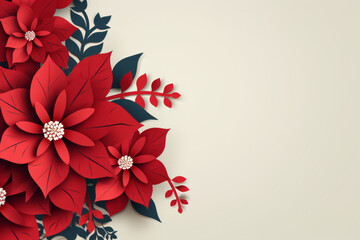Paper cut red poinsettia flower on light beige empty background. Copy space surface with origami winter holiday composition