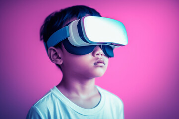 Child wearing VR googles or glasses. Future technology concept. Generative Ai