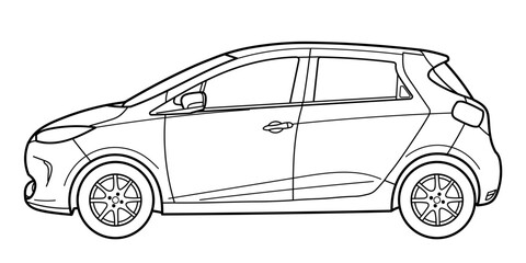 Flat outline doodle illustration of electric car. Side view. The concept of the electronic movement of electromobility.
