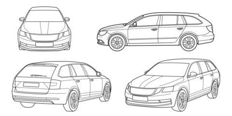 Foto auf Acrylglas Cartoon-Autos Set of classic station wagon. Different five view shot - front, rear, side and 3d. Outline doodle vector illustration  