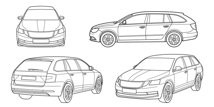 Set of classic station wagon. Different five view shot - front, rear, side and 3d. Outline doodle vector illustration	

