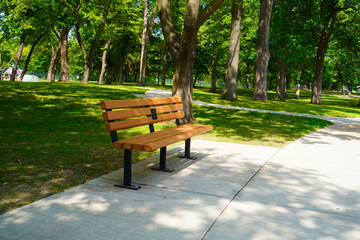 Wooden bench in the park, Warm evening in summer park, empty bench for rest.