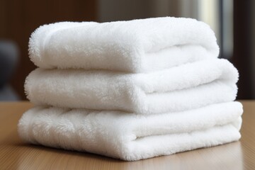 Obraz na płótnie Canvas Set of fluffy clean towels available for guest use.