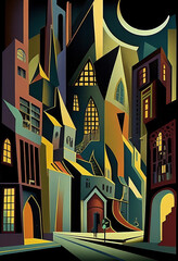 Night street among high-rise buildings drawn in an abstract style using cubes and squares. AI Generated