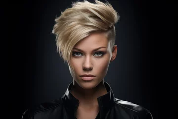 Fotobehang Portrait of a fictional punk model with beautiful sidecut short hair haircut isolated on a plain background. Hairstyle illustration for hairsalon. Hair salon woman portrait. Generative AI. © Tuyres