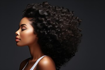 Fototapeta premium Portrait of a fictional black model with beautiful afro curly haircut isolated on a plain background. Hairstyle illustration for hairsalon. Hair salon woman portrait. Generative AI.