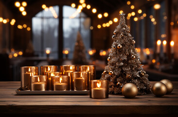 Empty table in front of christmas tree with decorations background. For product display montage, AI Generated
