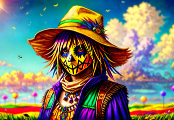 A boy in a scarecrow costume, a funny make-up with a straw hat in bright colors against the background of a field of flowers. The picture was created with Generative AI technology