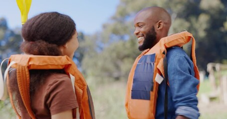 Kayak, high five and couple by lake for rowing on holiday, vacation and adventure in nature. Water sports, travel and black man and woman with lifejacket excited for kayaking, canoeing or paddle boat