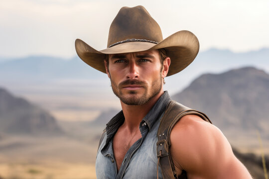 Young beefy muscled cowboy in cowboy hat, looking at the camera, defined muscles, flexing, smiling, standing on a prerie with mountains on the horizon