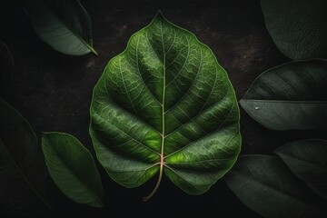 A large green leaf on a dark background