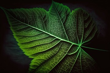 A close up of a green leaf on a black background