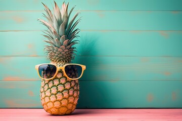 A pineapple wearing sunglasses on a table