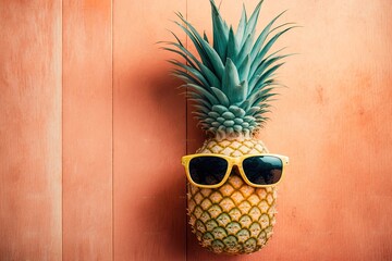 A pineapple with sunglasses hanging on a wall