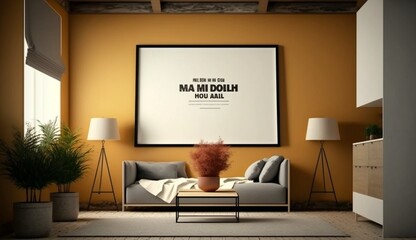 Mockup of house rooms with one empty horizontal poster Generative Ai