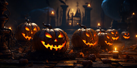 dark scene with illuminated halloween pumpkins laying in front of a graveyard entrance All Hallows' Eve decoration