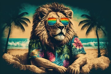 A lion wearing sunglasses sitting on a beach