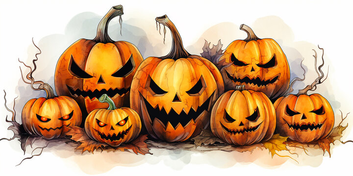 group of evil looking halloween pumpkins in style of a watercolor illustration All Hallows' Eve decoration