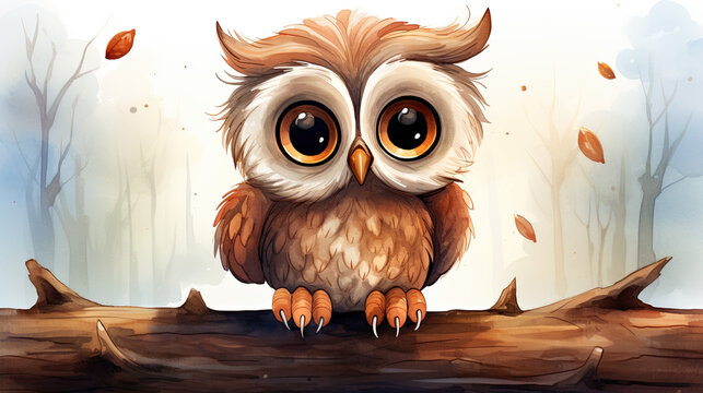 creative watercolor illustration of a cute owl sitting on a branch. comic cartoon style. Generative AI