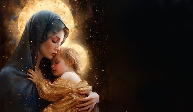 Mary and baby Jesus, golden lights and sparkles on black background. Card for Christmas Eve, luxury xmas greetings for universal love, prayers. 