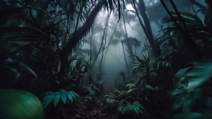 Mysterious jungle forest covered in fog. Photorealistic background