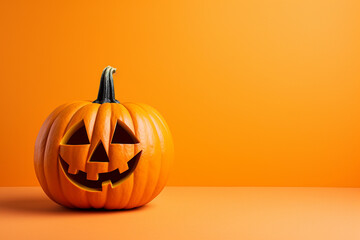 Halloween pumpkin on orange background. Jack-O-Lantern for Halloween celebration, Happy Halloween concept. Traditional october holiday. Autumn holiday background with copy space for text